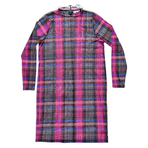 Torrid Sheer Mini Mesh Mock Neck Dress in Plaid Multi - Picture 2 of 9